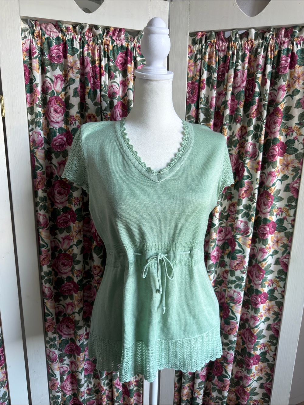 Cato Mint Green Short Sleeve V-neck Knit Top with Drawstring